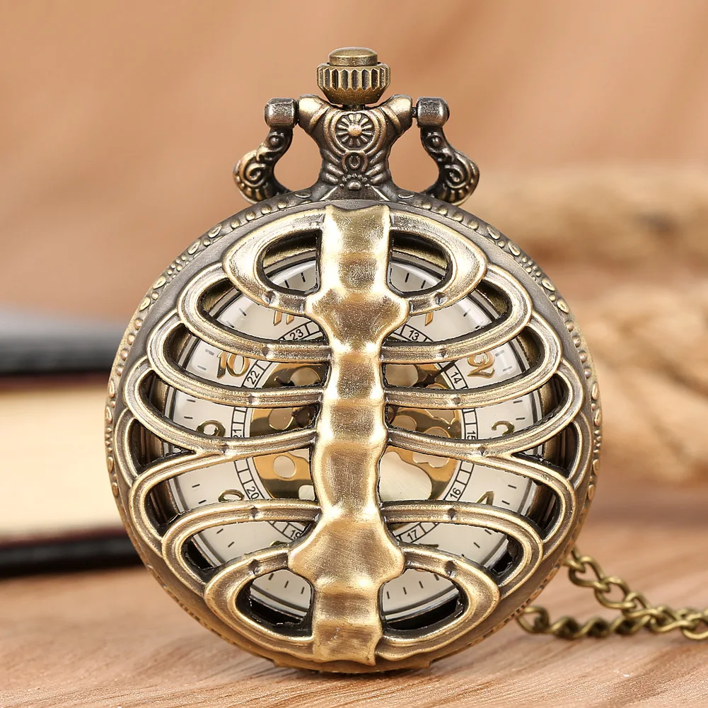Interesting Hollow Fishbone Shaped Quartz Pocket Watch Vintage Bronze Bracelet Necklace For Halloween Gifts For Men And Children