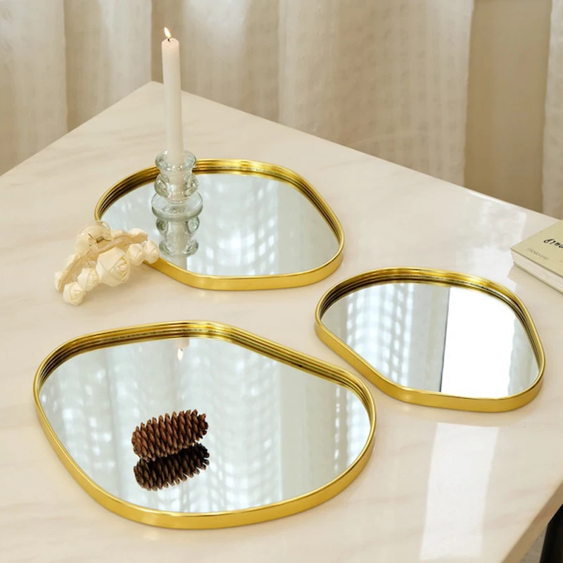 Golden Glass Mirror Storage Tray, Polygonal Shaped Hanging Mirror, Gathering Room Jewelry Storage Tray, Mirror Plate