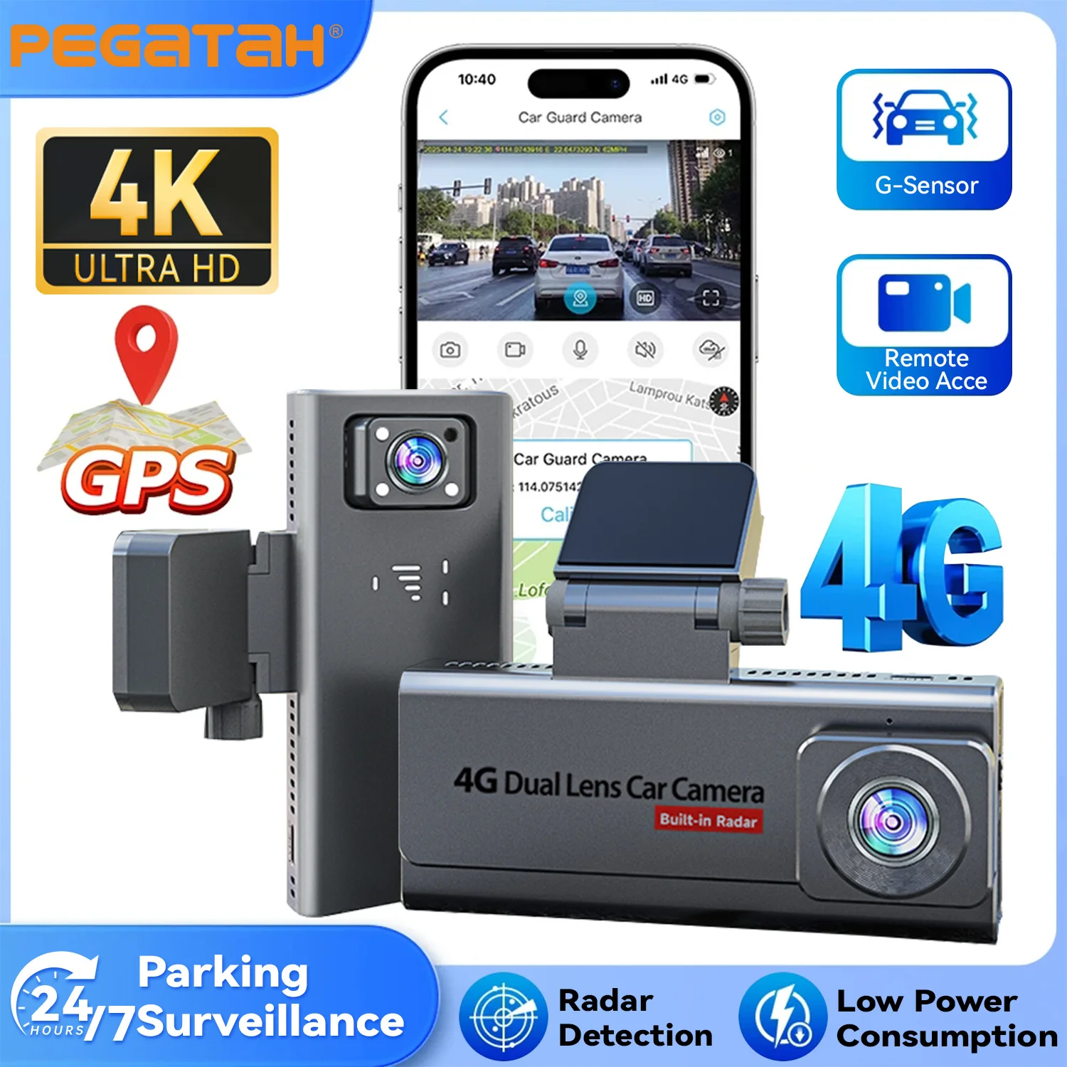 4G Car Dash Cam 4K 360 Degrees GPS 24h Parking Monitor 2 Lens*HD Video Recorder APP Control Hard-wired Tool Vehicle