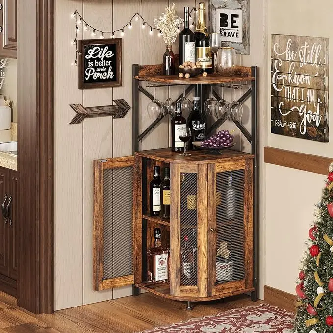 Corner Bar Cabinet with Glass Holder,Industrial Wine Cabinet with Mesh Door,4-Tier Wine Cabinet with Open Shelf for Wine Storage