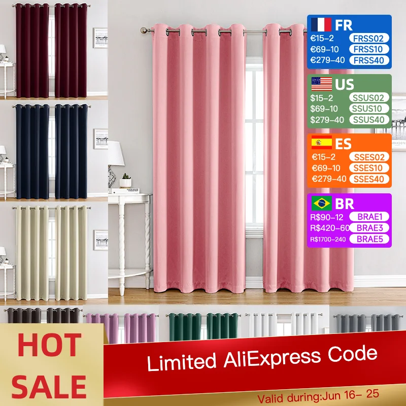 16 color modern simple solid color perforated blackout curtains for decorating living rooms, bedrooms, pink, purple, brown, gray