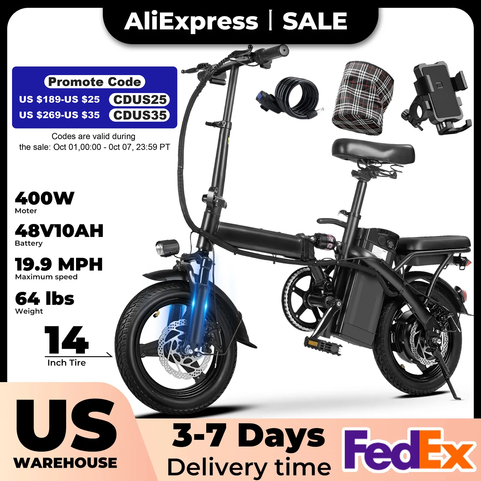 400W dual disc brake adult foldable electric bicycle with seat and basket 14 inches 48V 10.4Ah 22 mile range 20MPH