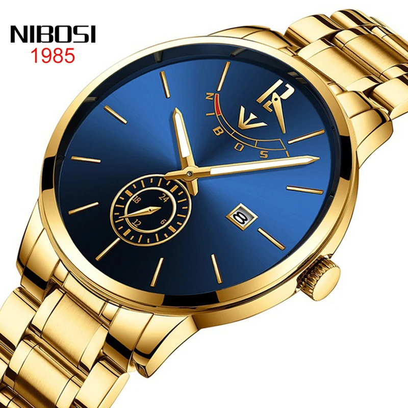 NIBOSI Mens Watches Top Brand Luxury Gold Stainless Steel Blue Quartz Watch Men Waterproof Sport Wristwatch Relogio Masculino