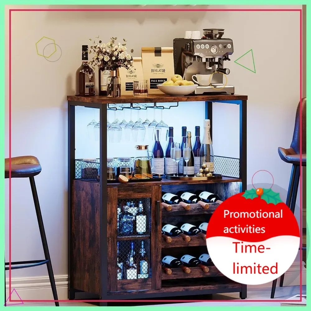 Hot salesLED Wine Bar Cabinet with Adjustable Shelves, Mesh Door, Rustic Brown for Home Kitchen Dining Room