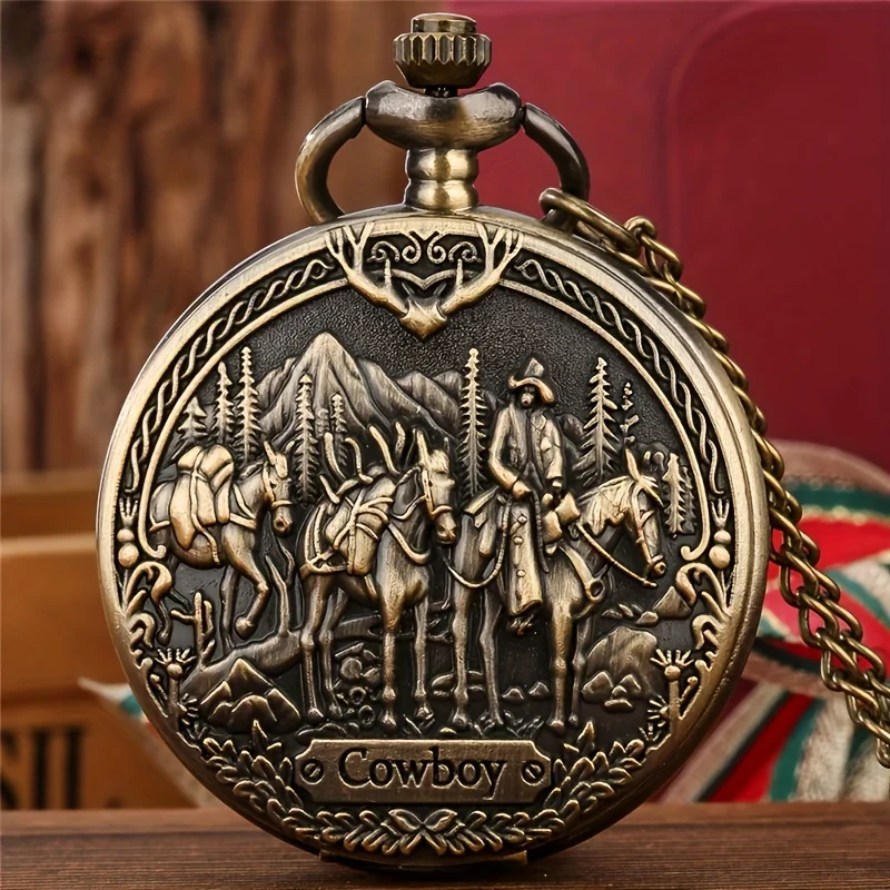 Antique COWBOY Pattern Design Quartz Pocket Watch Necklace - Unique Vintage Gift Clock for Man Male