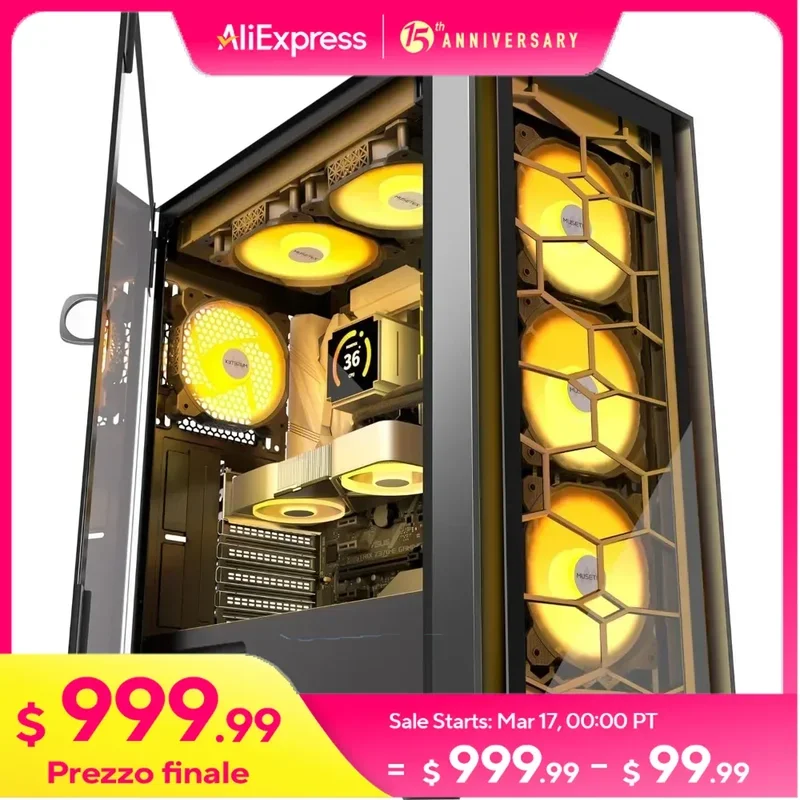 Mid Tower Gaming PC Case, 6 PWM ARGB Fans Pre-Installed, Opening Tempered Glass Door, USB 3.0 x 2, Computer Case