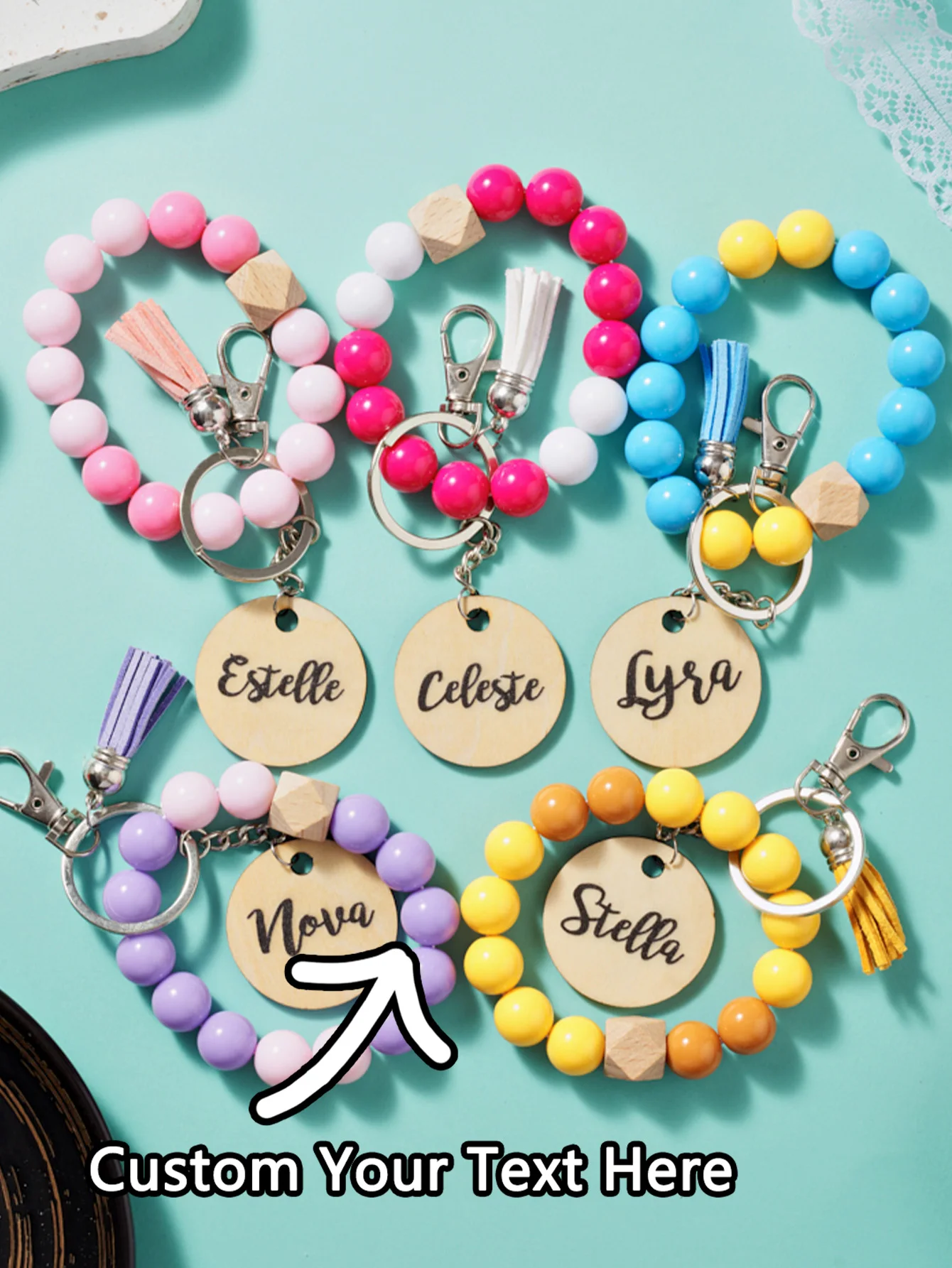 1PC Custom Beaded Keychain - Personalized Solid Pearl Name Laser Engraved Multicolor Tassel Comfortable Unique Gifts Daily Use