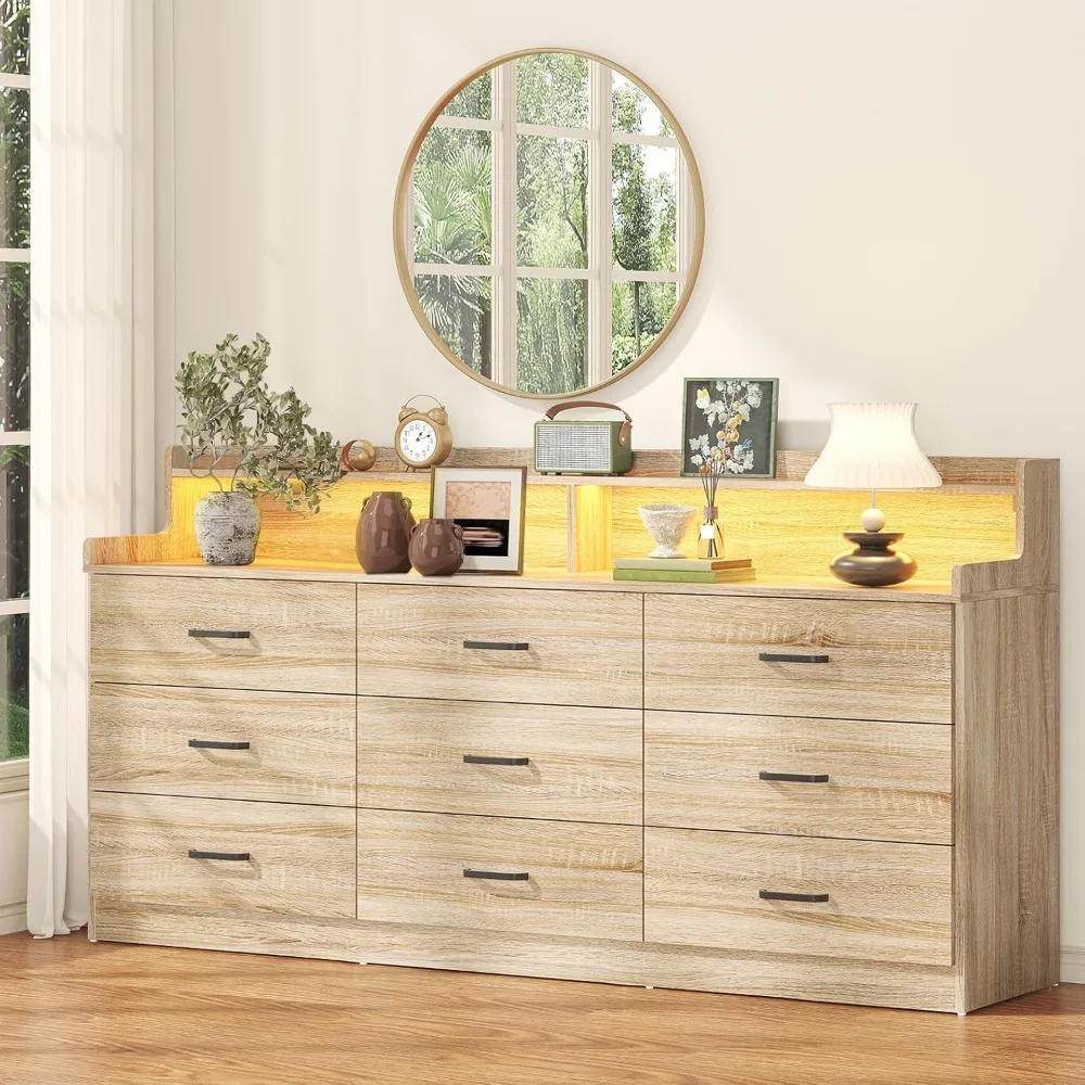9 Drawer Dresser with Built-in Power Outlet, Mid Century Modern Chest of Drawers for Bedroom,63'' Triple Wide Dresser Storage