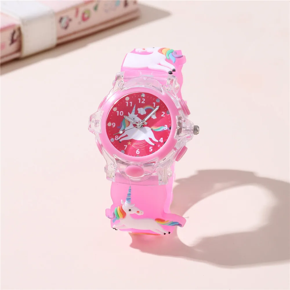 4 Colors Rainbow unicorns Children Watch Cartoon Quartz Kids's Watch Led flashing light Student Wristwatch