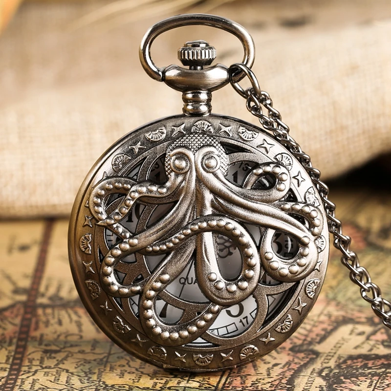 Vintage Black and Bronze Octopus Pattern Quartz Pocket Watch With Necklace Chain Gift for Male Kids Chronograph Hombre Relojes