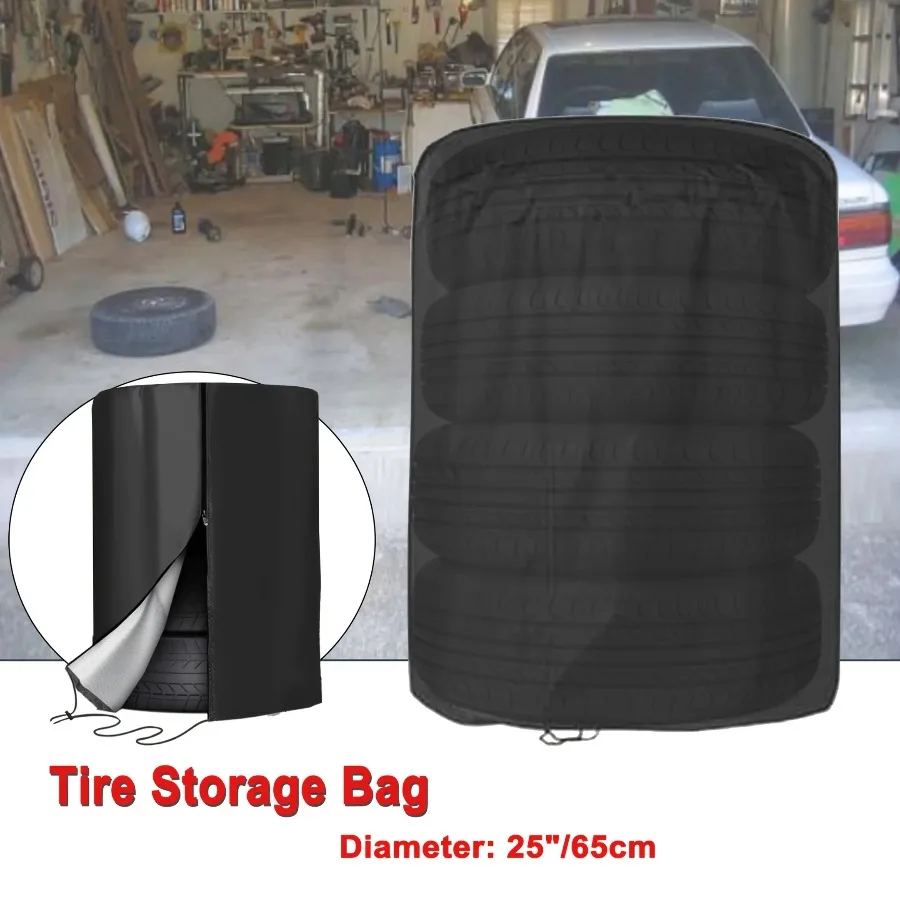 Waterproof outdoor car tire cover with zipper and drawstring storage bag for all-weather protective tire cover