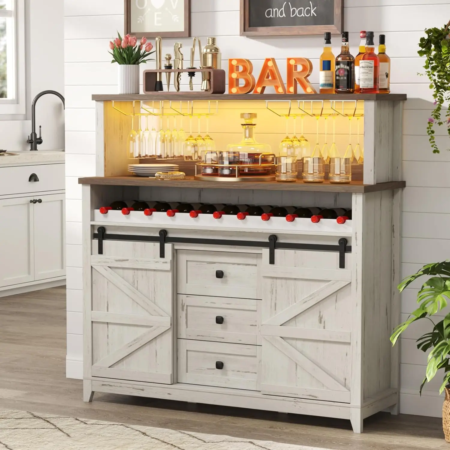 Farmhouse Wine Bar Cabinet Sliding Door LED Sideboard Dual Top Wine Glass Rack 2 Cabinets Adjustable Shelf 150lbs Rustic