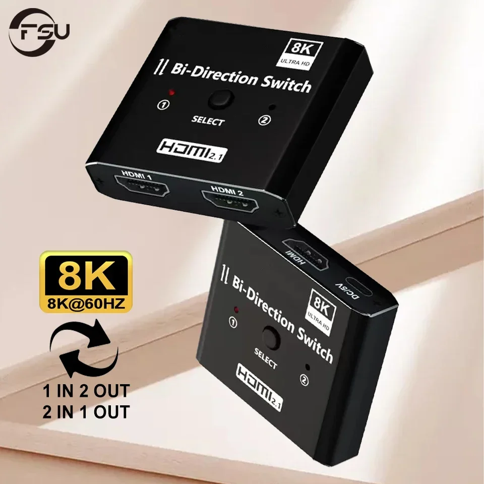 FSU HDMI-Compatible Switch 8k@60hz Splitter,2in1 Out or 1in2 out Switcher with Remote Supports HDCP2.2 Hub for Xbox PS5/4 TV PC