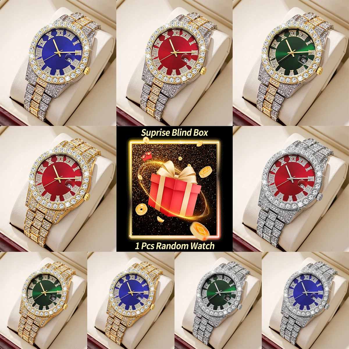1PC Surprise Mystery Watch Blind Box-Fashion Full Diamond Men's Watch Stainless Steel Band Quartz Wristwatches Calendar Watches