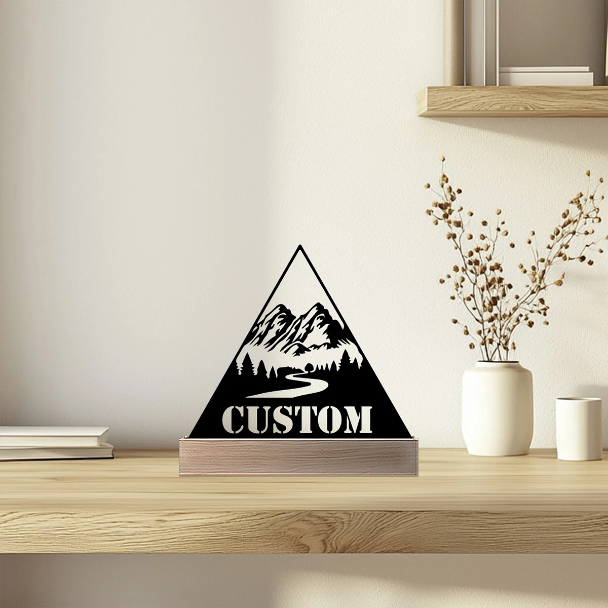 1pc Modern view scene Custom Name Tin Statue Metal Ornament With Wood Base Iron Sculpture Art Figurine With Wood Base