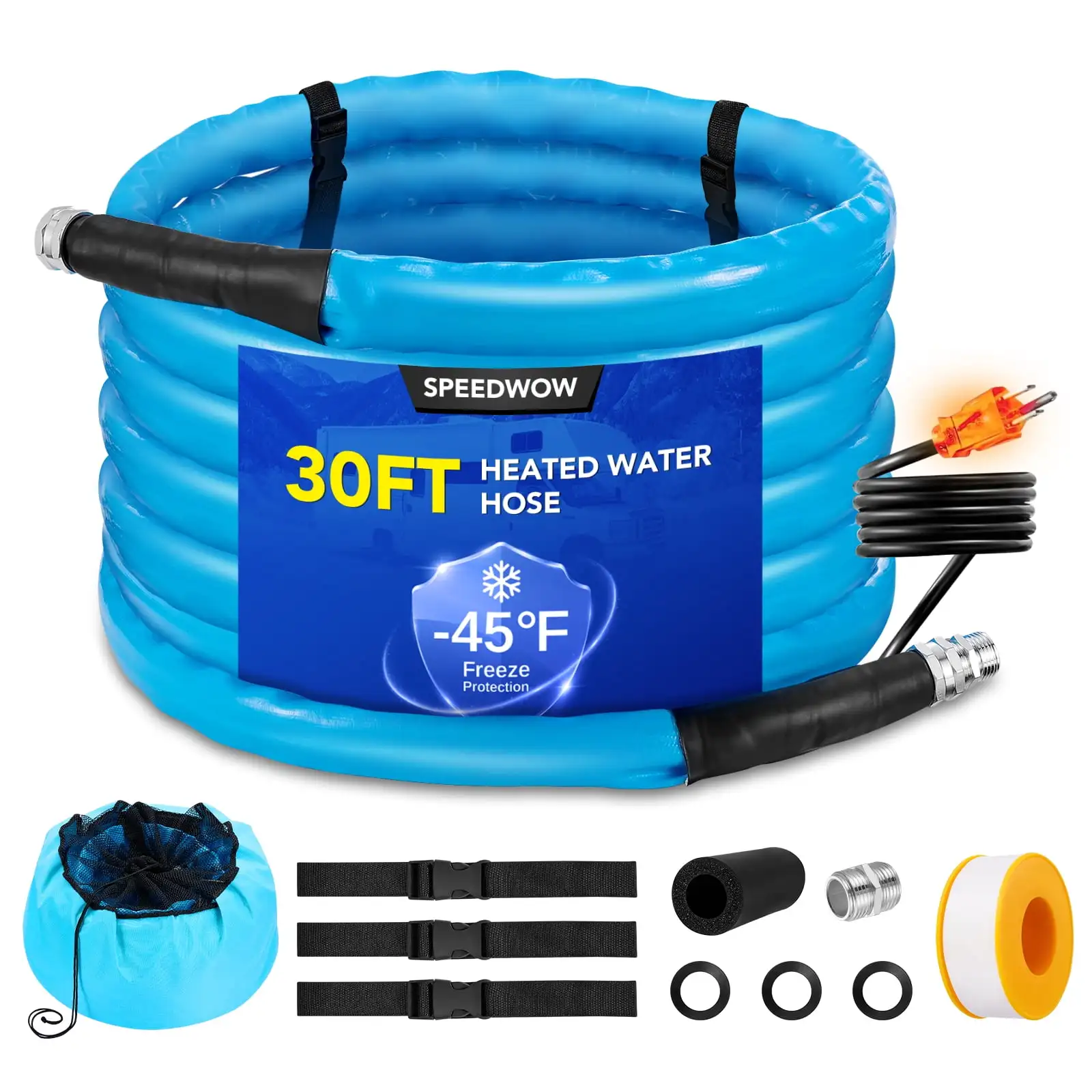 30FT RV Heated Water Hose, Freeze Protection Down to -40°F/-42°C, Energy-Saving Thermostat, Drinking Water Safe for RV/Garden