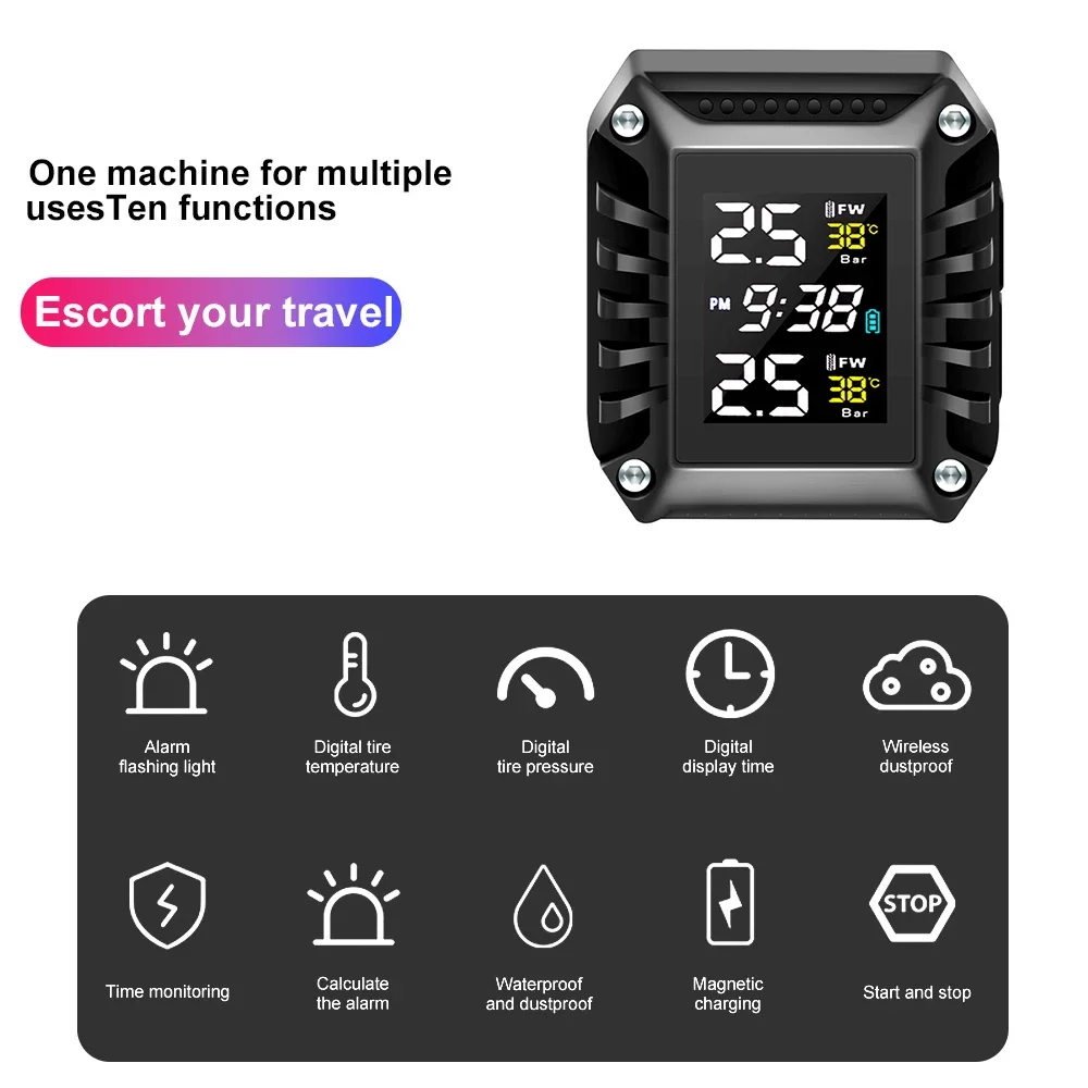 Motorcycle Tire Pressure Monitor Digital Time Display External Motorcycle Wireless Tire Pressure Detector with 2 External