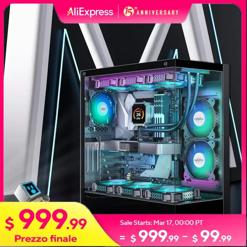 Mid Tower Computer Case, ATX 6 PWM ARGB Fans Pre-Installed, Type-C, Full-View Dual Tempered Glass, Gaming PC Case