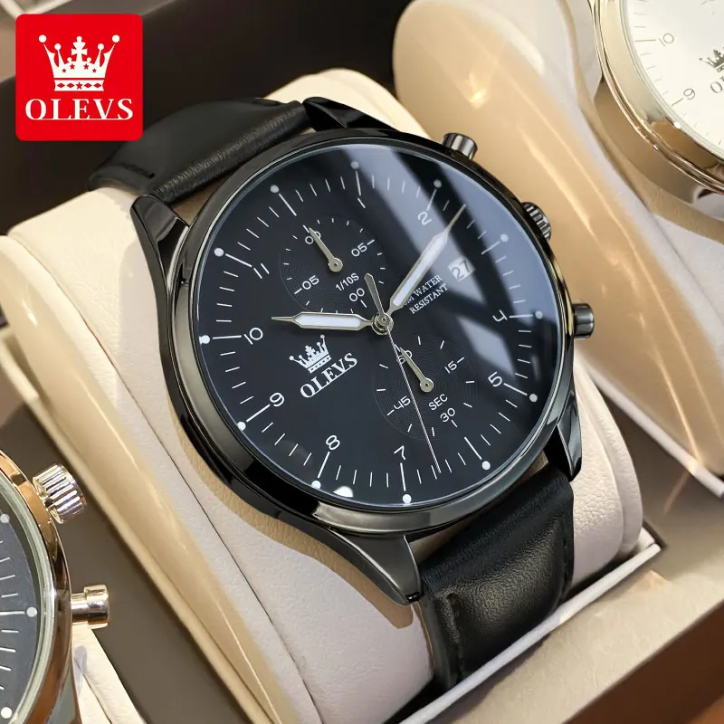 OLEVS casual fashion men's watches Chronograph 30m waterproof Leather strap quartz watch for man luminous genuine wristwatch