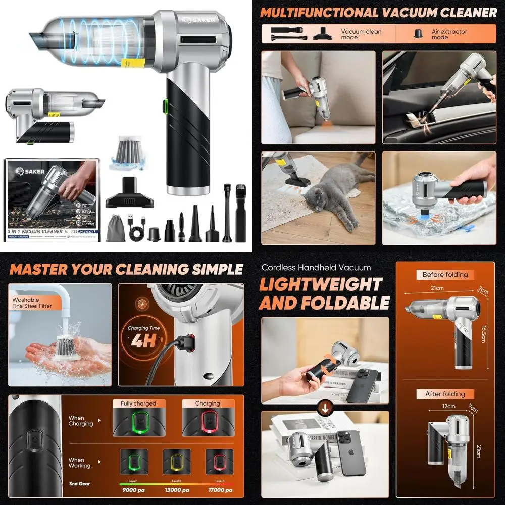 Cordless 17000PA Portable Handheld Vacuum Cleaner with Foldable Design and Brushless Motor for Car, Pet, and Home Use