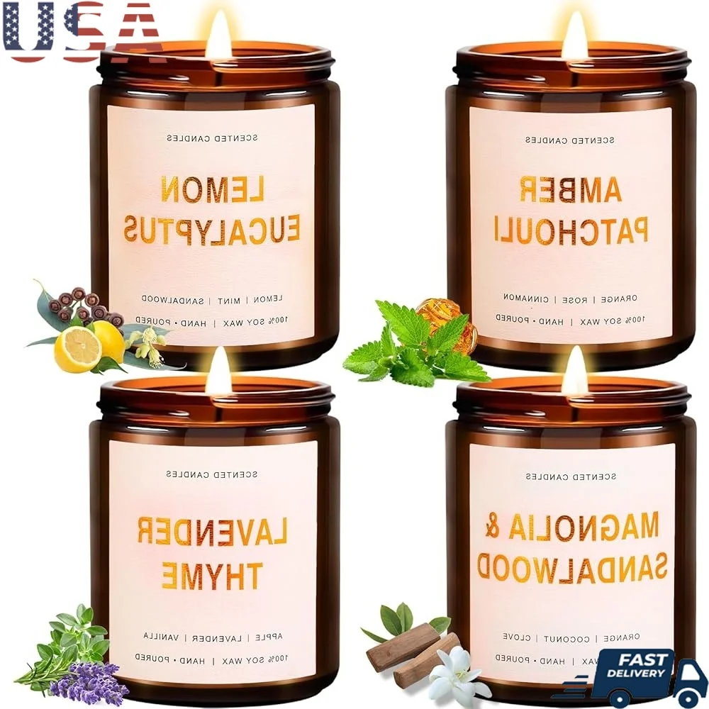 Luxury Scented Candles Set Aromatherapy Gifts Lavender Eucalyptus Patchouli Sandalwood 4 Pack Natural Soy Wax Long Lasting