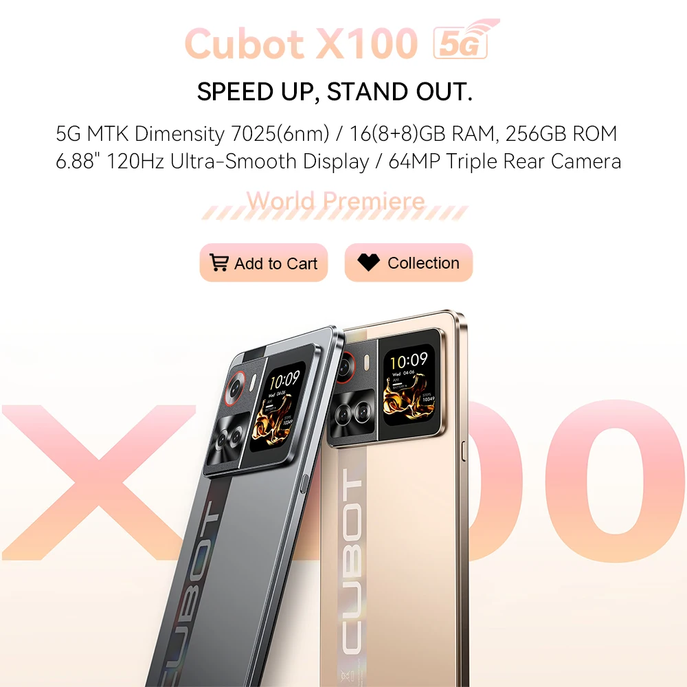 6.88-Inch Android Smartphone 5G Cubot X100, Dimensity 7025, 6nm, 2.5GHz, 16GB(8+8), 256GB, 64MP Camera, 5100mAh Battery, NFC