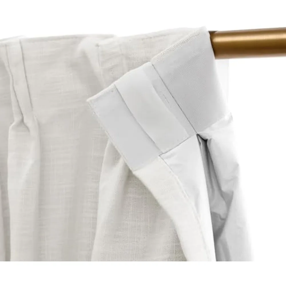 beige linen-look blackout curtains, 120 inch, pinch pleat style with double layer and back tab, thermal insulated