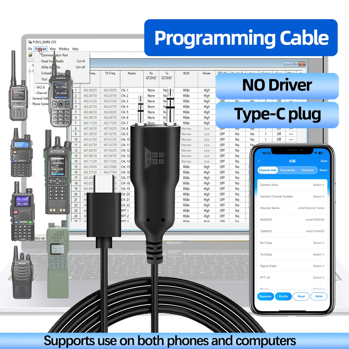 ABBREE Moblie Phone APP Programming Cable High Speed Programming For Baofeng UV-5R MINI UV-21 PRO UV-32 AR-152 PRO Walkie Talkie
