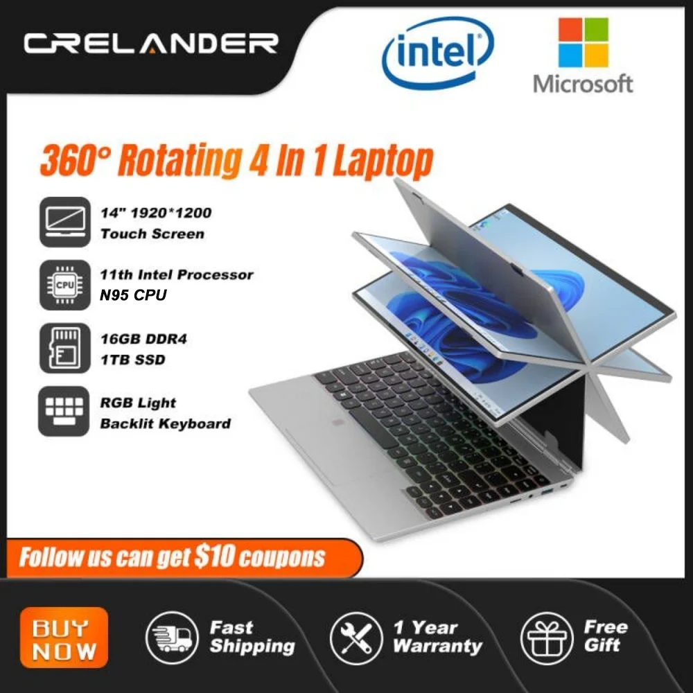 CRELANDER 360 Degree Rotating Touch Screen Laptop 14 Inch Intel N95 RAM 16GB Windows 11 Portable PC Notebook 2 In 1 Laptop