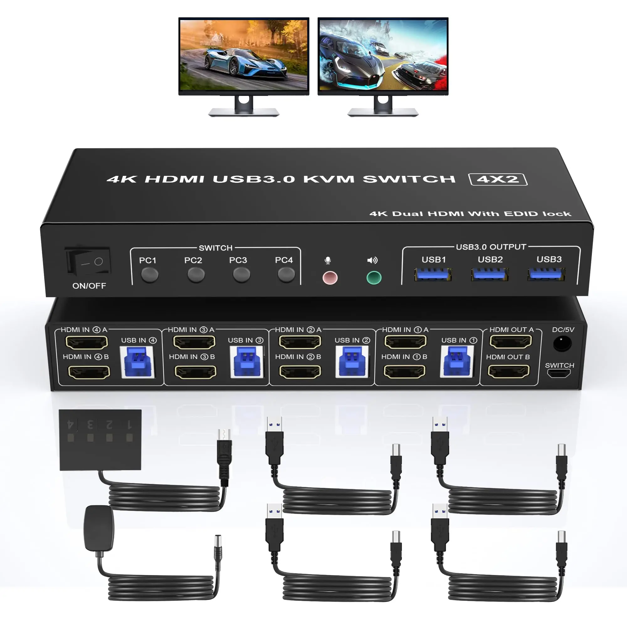 4K USB 3.0 KVM Switch HDMI Dual Monitors 4 Computers 2 Monitor, 4 Port HDMI KVM Switch Input Supports EDID Emulators with Audio