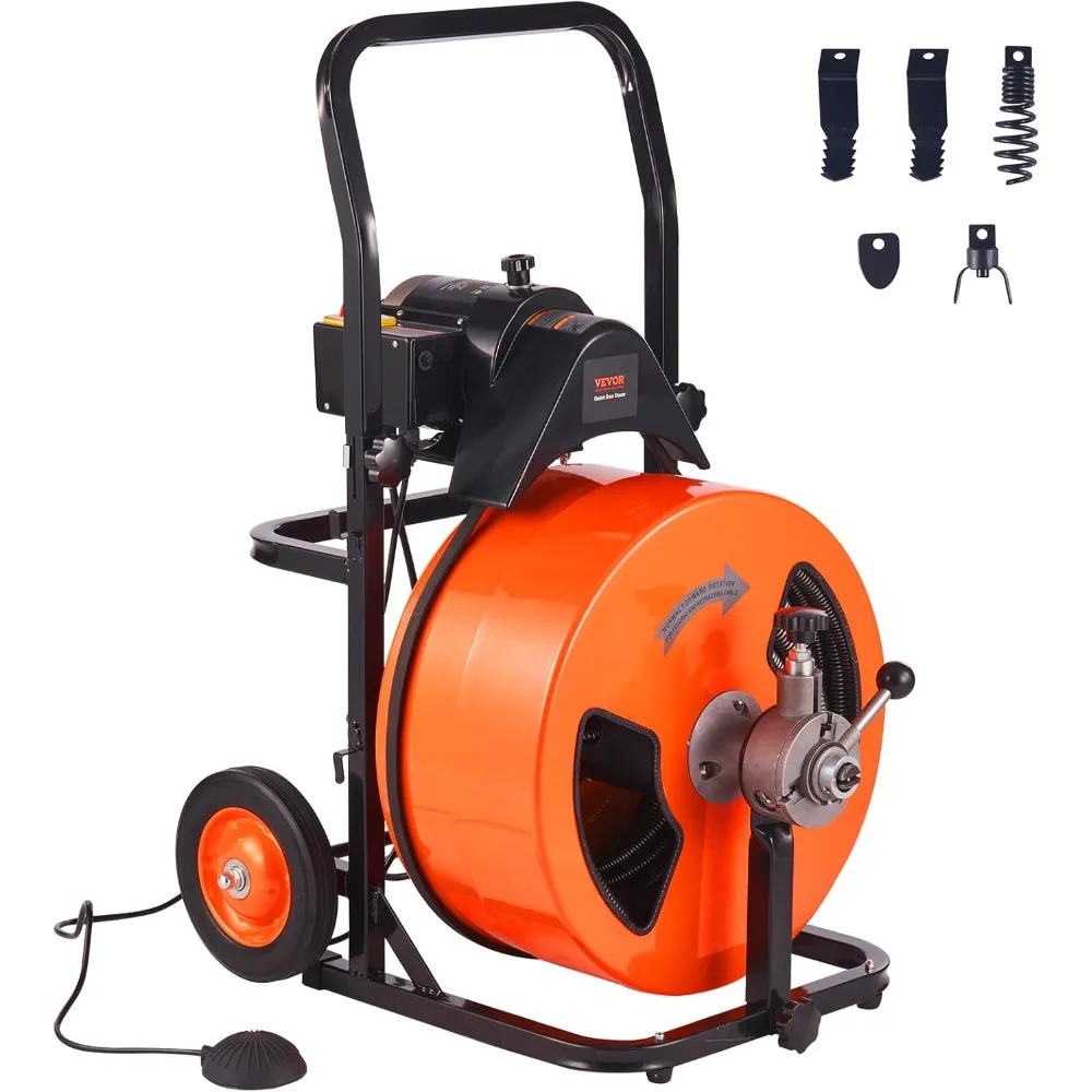 Drain Cleaning Machine 100FT x 3/4 Inch, Sewer Snake Machine Auto Feed, Drain Auger Cleaner with 4 Cutter & Air-Activated