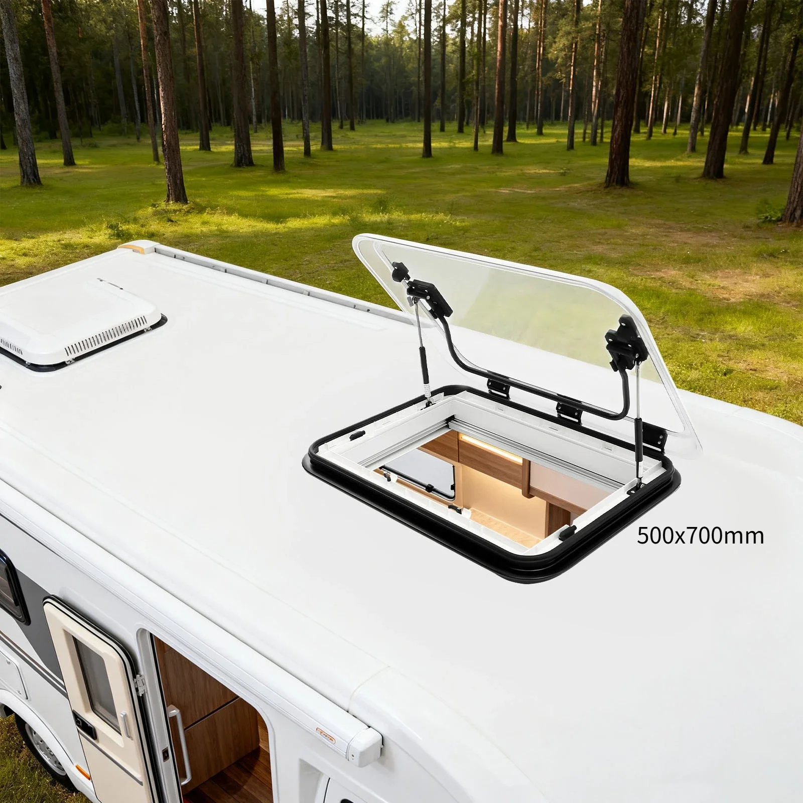 RV Roof Window with LED Light, RV LED Skylight, Hatch Roof Top Vent, 70 Degree Opening Angle, for RVs, Caravans, 700 x 500 mm