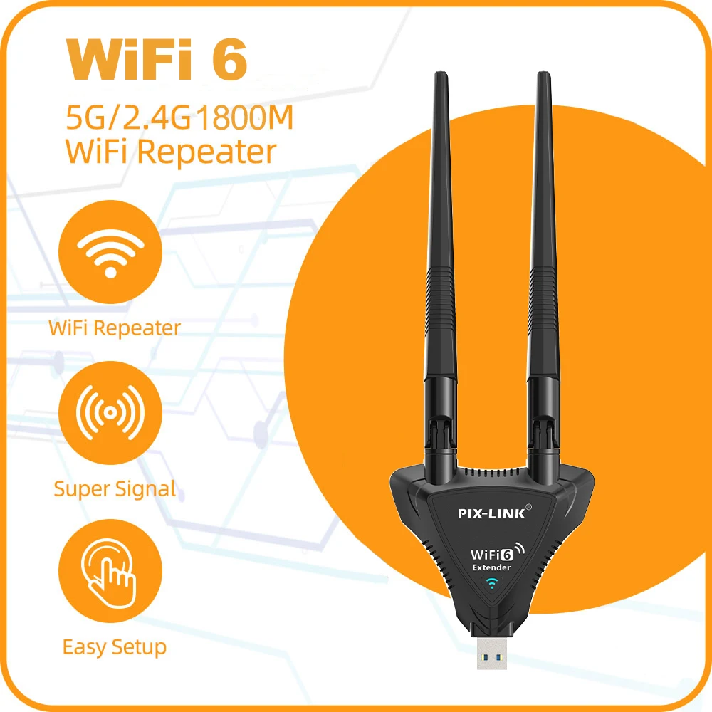 PIXLINK 1800Mbps WiFi6 Extender Booster Repeater Amplifier | Dual Band 2.4G/5GHz Wireless Signal Repeater with 2 Antennas UE09AX