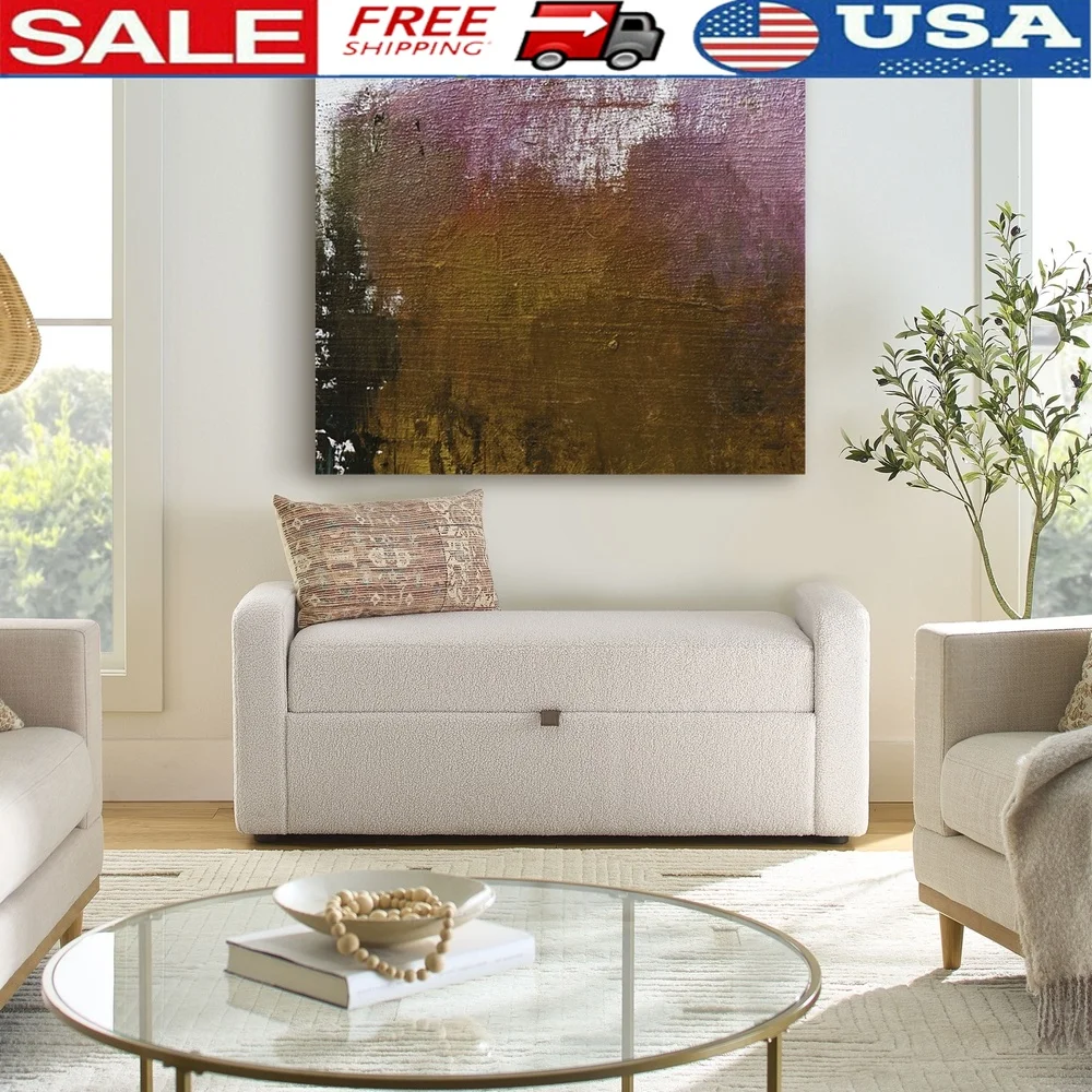 Cream Storage Bench with Flip Top Cushioned Seat Indoor Accent Furniture Easy Assembly Modern Bohemian Design Faux Shearling