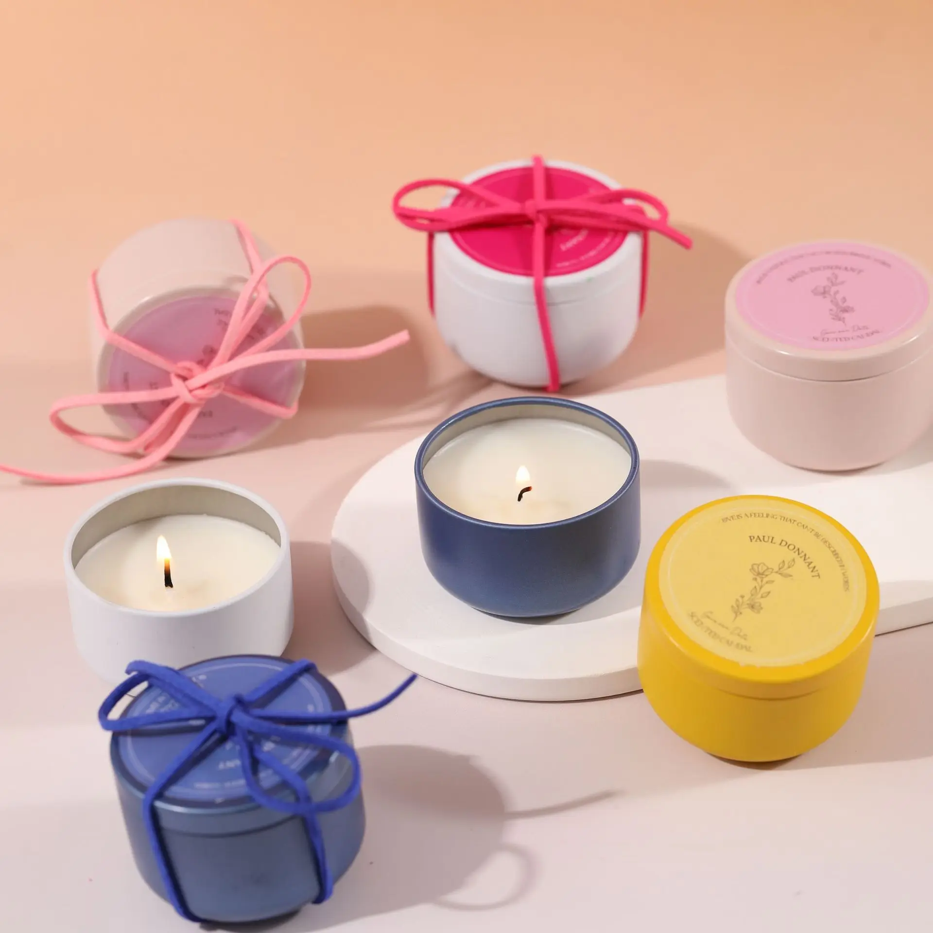 4PC ins Wind round macaron tin can scented candle. Small gift candle. Bow cup wax. Delicate and lovely candles.