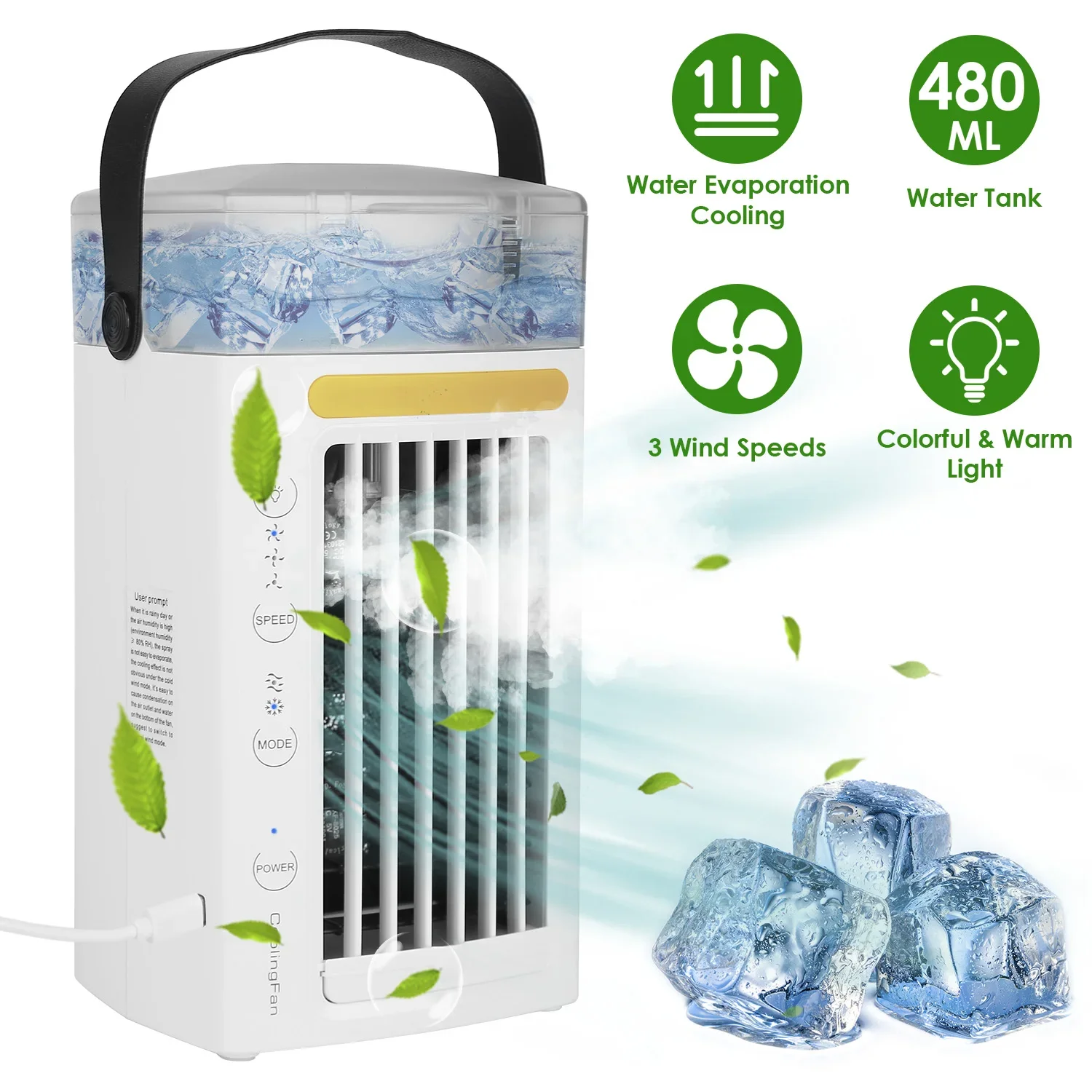 USB Cold Air Fan Front Warm Color Night Light Water Tank Seven Color Light Separately Control The Air Inlet Activated Carbon Fil