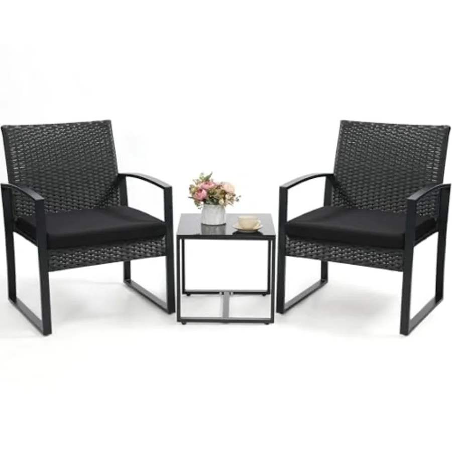3 Piece Wicker Patio Bistro Set Rattan Conversation Set with Coffee Table for Balcony Porch Garden Yard Poolside Black Frame wi