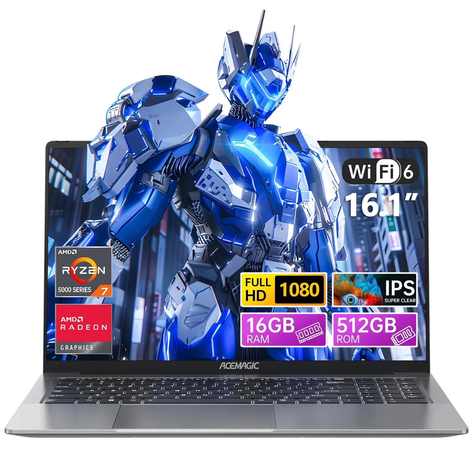 ACEMAGIC Gaming Notebook 16.1 FHD 1920*1080 16GB DDR4 512GB SSD AMD Ryzen 7 5700U Notebook Windows 11 Home BT5.2 WiFi 6 Laptop