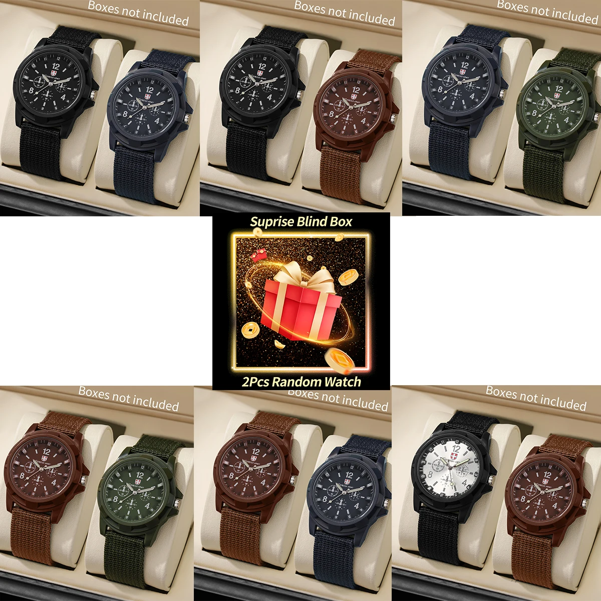 Surprise Mystery Watch Set Blind Box-2PCS/Set Men Sports Watches Casual Nylon Band Military Quartz Wristwatches（Without Box）