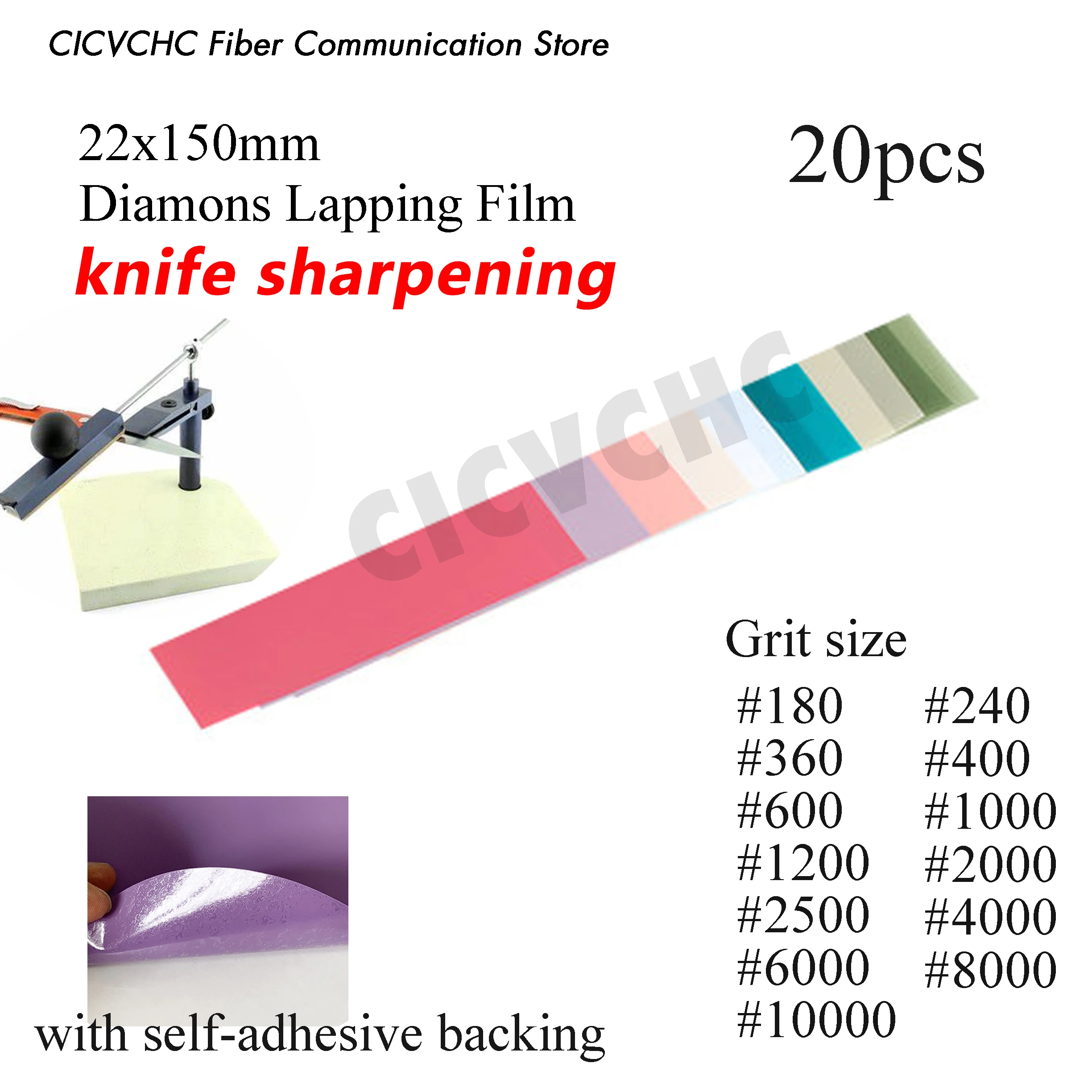 20pcs Diamond Lapping Film Knife Sharpening with self-adhesive backing, 22x150mm, #180 to #15000 Grite Size for Metal, Fiber