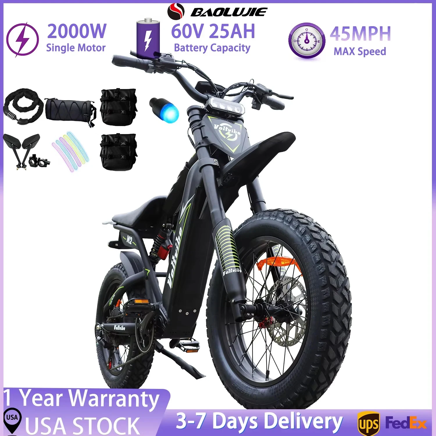 BAOLUJIE M2 2000W Moto E-Bike,Adult Electric Bike，60V25AH Battery，Electric Motorbicycle,Max Speed 45 MPH,UL2849【1 Year Warranty】