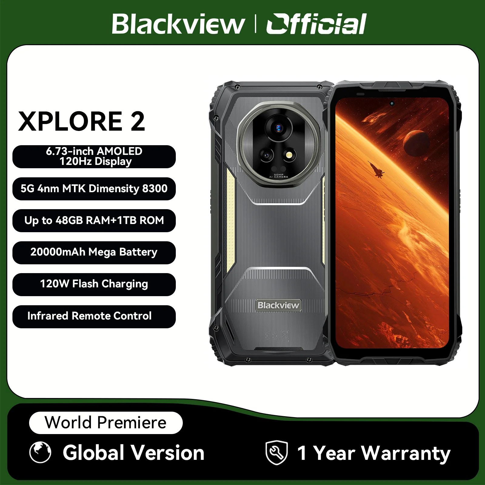 Blackview XPLORE 2 5G Rugged Smartphone,6.73" AMOLED Display 20000mAh Battery 120W Fast Charge,50MP Camera, Outdoor Mobile Phone