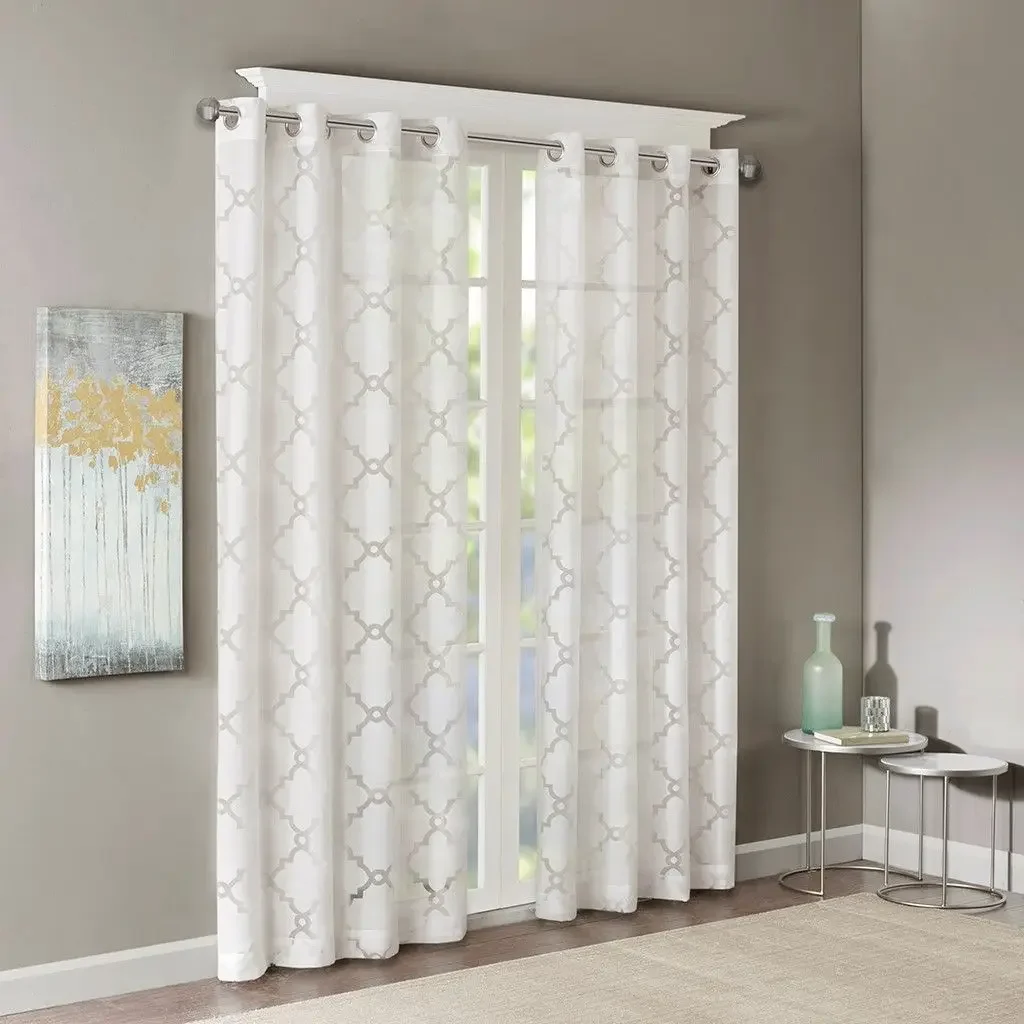 Madison Park Eden Sheer Curtain - 50" Wide, Burnout Fretwork, Grommet Top (White, Set of 2 Recommended)