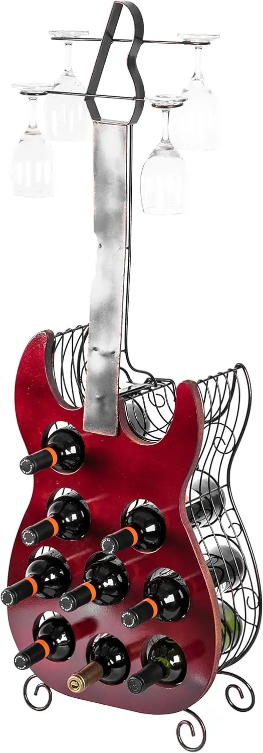 Vintage Guitar-Shaped Wine Rack Holds 9 Bottles with Glasses Holder, Durable Wood and Metal