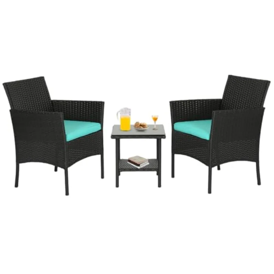 FDW 3 Piece Outdoor Furniture Set Patio Wicker Chairs Furniture Bistro Conversation Set 2 Rattan Chairs with Blue Cushions and