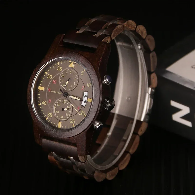Premium Fashion Wood Watch Men Top Brand Sport Watches Mens Clock Chronograph Quartz Wooden WristWatch