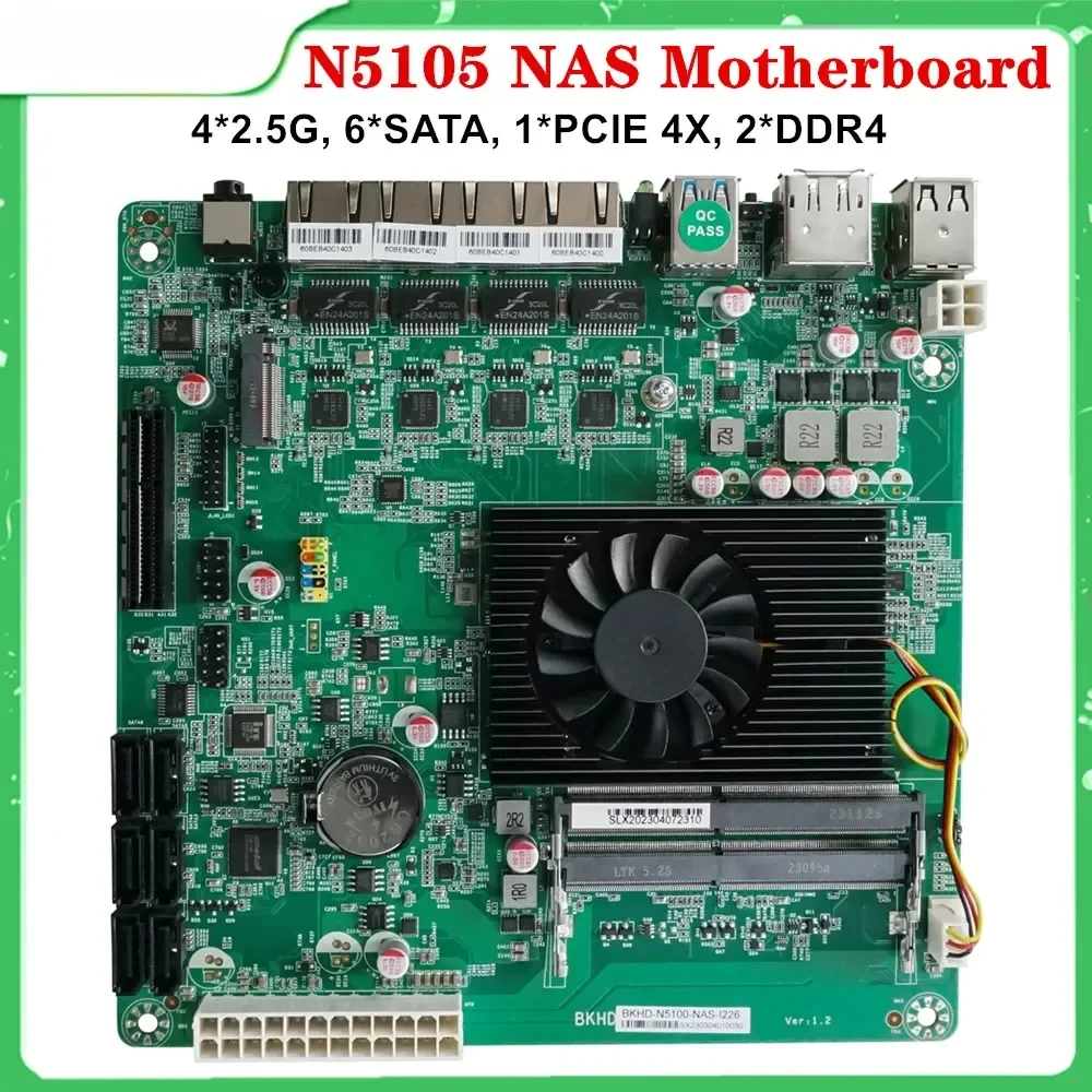 N5105 NAS Motherboard Intel Celeron N5105 N5100 4 Cores 6*SATA3.0 4*2.5G i226 1*PCIE 4x 17x17CM 2*DDR4 Firewall Router Mainboard