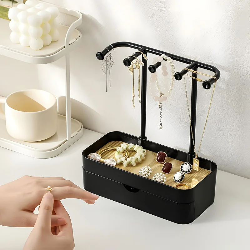 Double-layer Jewelry Storage Rack, Necklace Display Stand With Wooden Tray, Jewelry Hooks, Delicate And Portable For Home Use