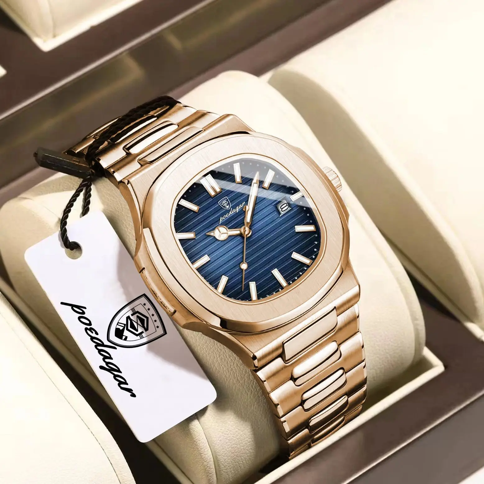 POEDAGAR Fashion Couple Watch Waterproof Luminous Date Stainless Steel Quartz Love Wristwatch Square Watches for Boyfriend Gift