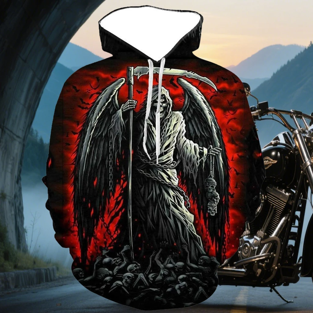 Fashion Personalized Hip Hop Warm Long Sleeve Hoodie Outdoor Sport Leisure Halloween Skull Printed Motorcycle Long Sleeve Hoodie